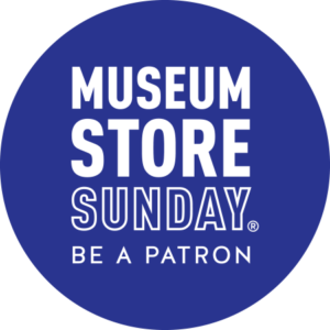 Blue circle with bold white text reading, "Museum Store Sunday - Be A Patron"