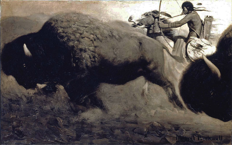 Black and white illustration, native man on horseback hunting buffalo with bow and arrow