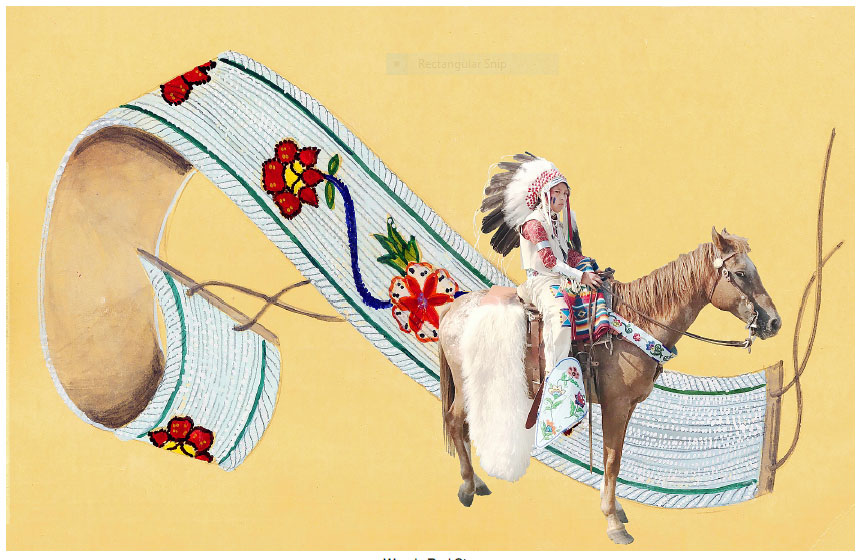 collage by wendy red star featuring beaded belt and photograph of man on horse with regalia