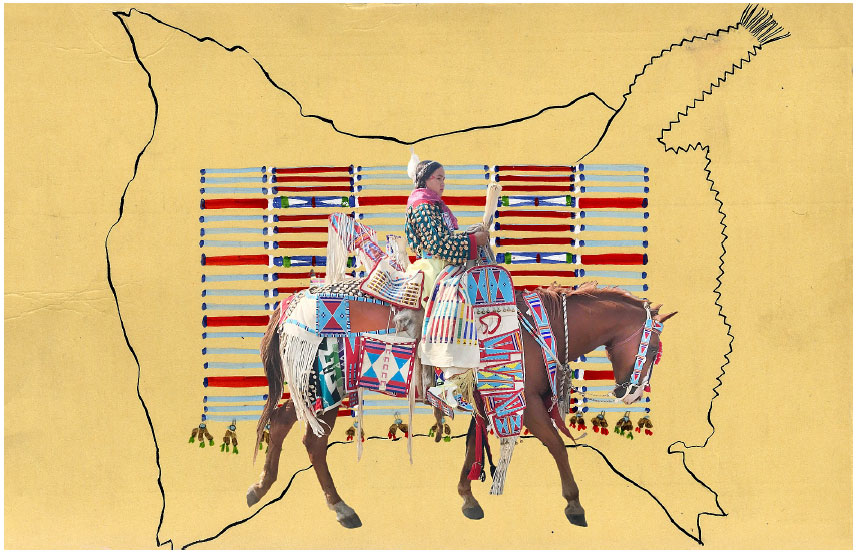 collage featuring woman on horse with regalia