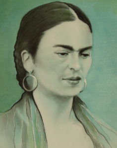 painting of frida kahlo, muted mint green and black portrait